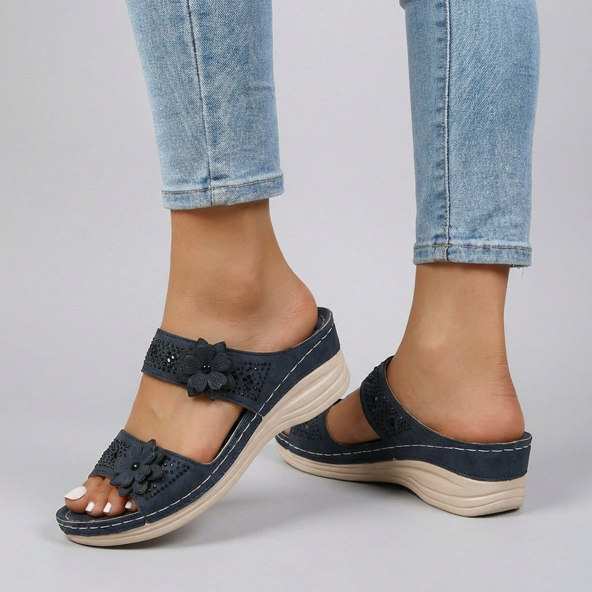 Blue FJØRNA women's orthopedic heeled wedge sandals with adjustable straps, stylish and supportive footwear for women.