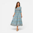 Women's floral midi dress for summer, casual style by FJØRNA, featuring a vibrant print and flowing fabric.