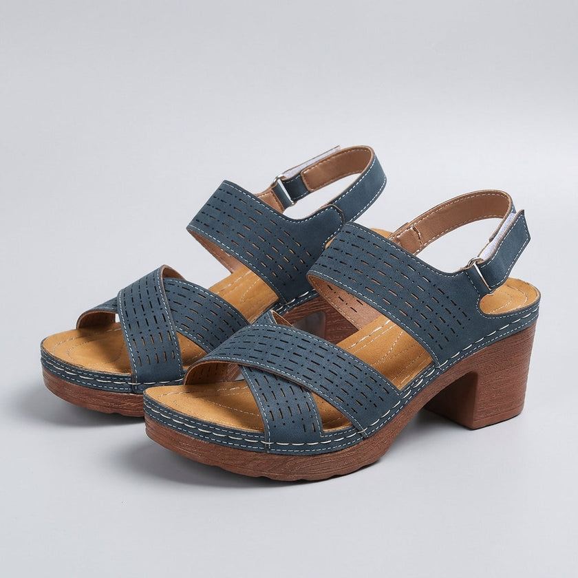 FJØRNA orthopedic criss-cross slingback platform sandals for women, blue with block heel and open toe design.