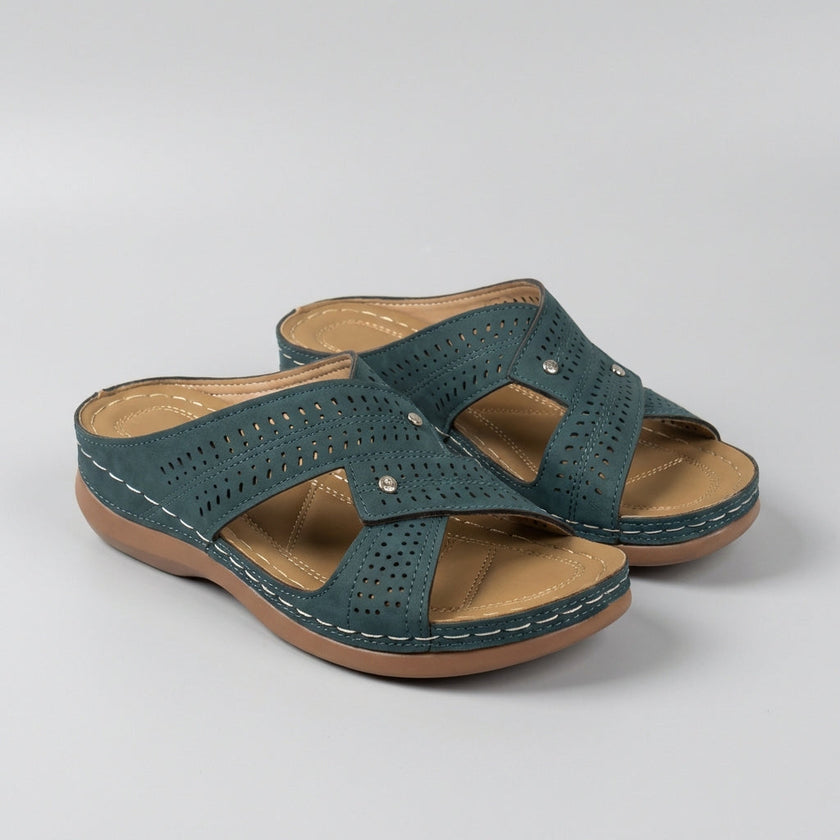 FJØRNA orthopedic open toe wedge sandals with T-strap and rhinestone accents, featuring a stylish and supportive design.