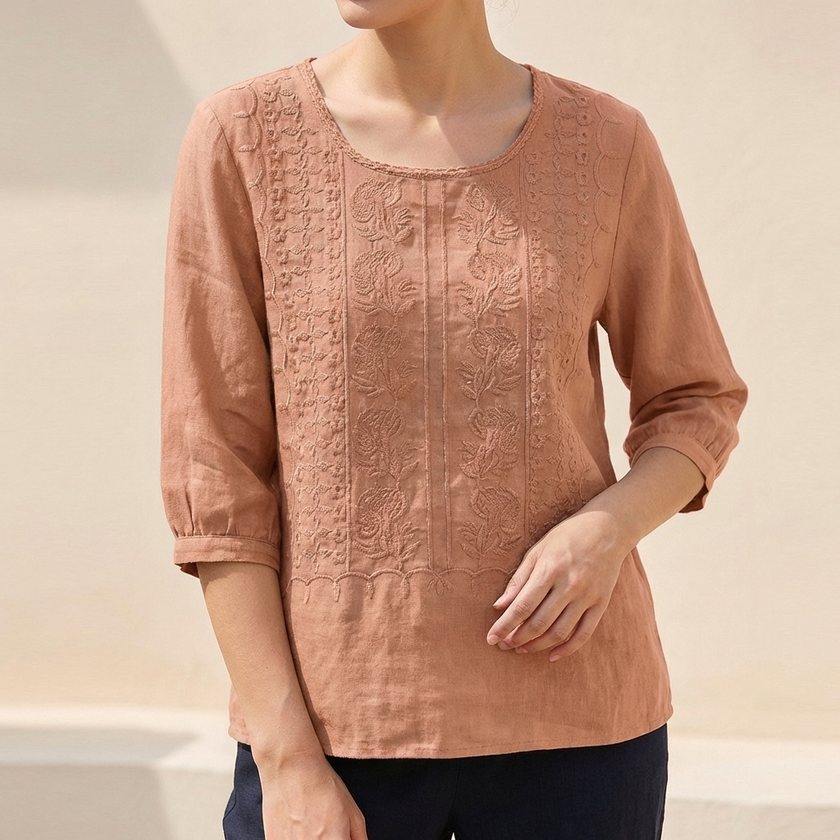 FJØRNA summer floral cotton blouse for women in blush color, featuring a stylish, lightweight design perfect for warm weather.