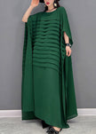 FJØRNA Grace green O-neck striped chiffon ankle dress with batwing sleeves, bohemian style, perfect for casual or summer wear.