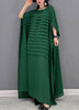 FJØRNA Grace green O-neck striped chiffon ankle dress with batwing sleeves, bohemian style, perfect for casual or summer wear.