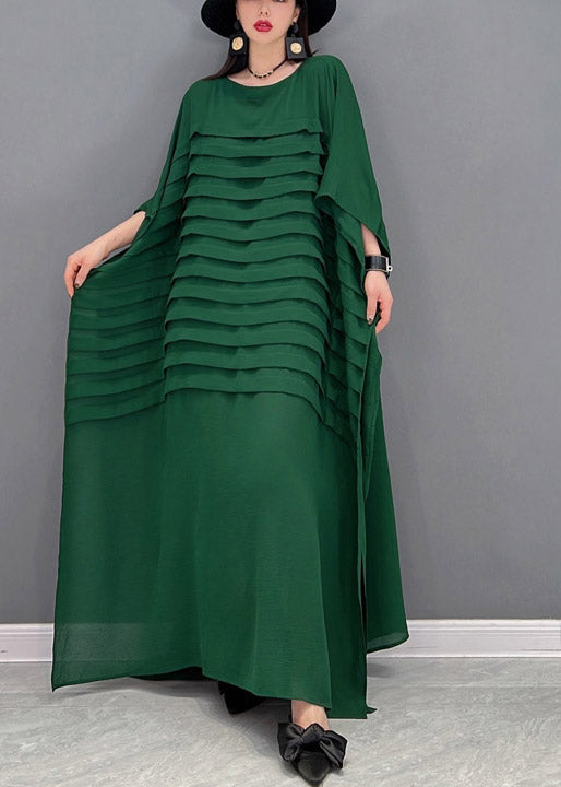 FJØRNA Grace green O-neck striped chiffon ankle dress with batwing sleeves, bohemian style, perfect for casual or semi-formal occasions.