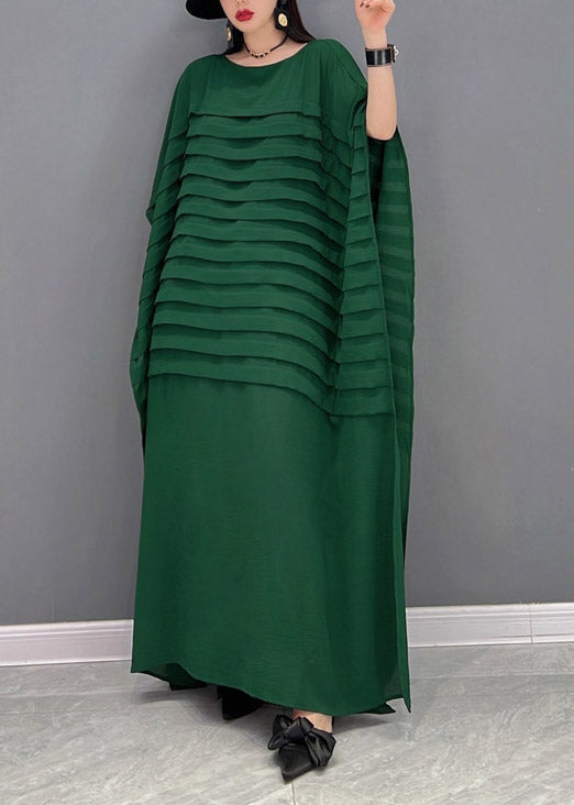 FJØRNA Grace green O-neck striped chiffon ankle dress with batwing sleeves, bohemian style, perfect for casual or special occasions.