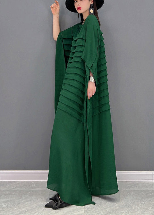 FJØRNA Grace green striped chiffon ankle dress with batwing sleeves and O-neck, stylish bohemian maxi dress.