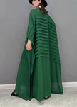 FJØRNA Grace green O-neck striped chiffon ankle dress with batwing sleeves, bohemian style, perfect for casual or semi-formal occasions.