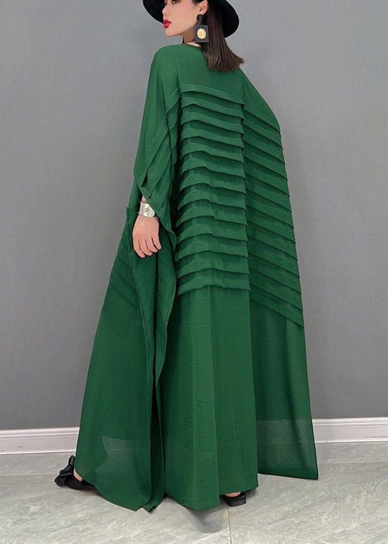 FJØRNA Grace green O-neck striped chiffon ankle dress with batwing sleeves, bohemian style, perfect for casual or semi-formal occasions.