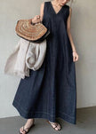 FJØRNA bohemian navy V-neck cold shoulder sleeveless cotton denim dress, casual wedding dress with relaxed fit and stylish design.
