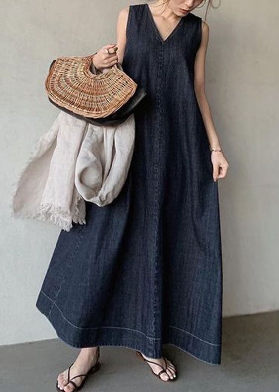 FJØRNA bohemian navy V-neck cold shoulder sleeveless cotton denim dress, casual wedding dress with relaxed fit and stylish design.