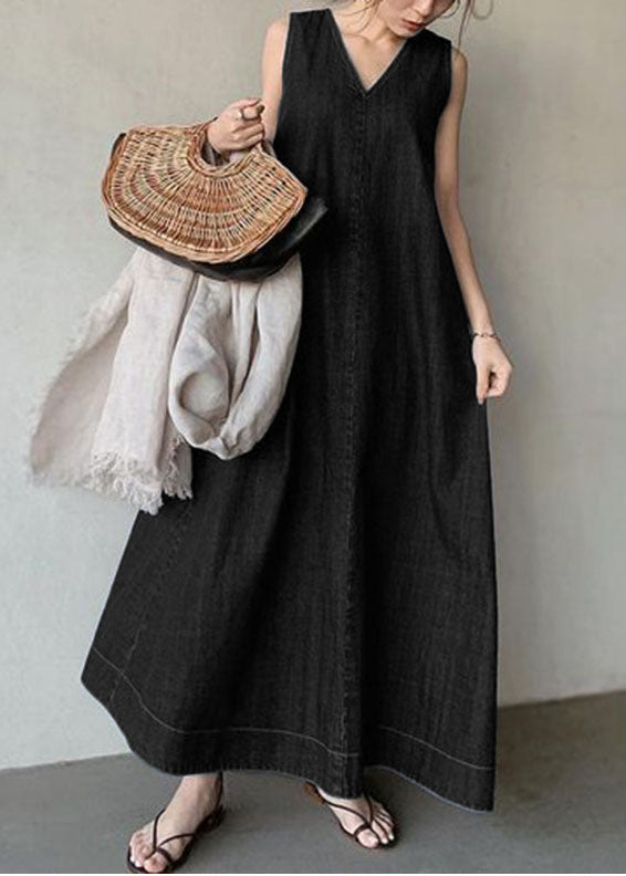 FJØRNA bohemian navy V-neck sleeveless cold shoulder cotton denim dress, casual style perfect for weddings and summer outings.