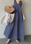 FJØRNA bohemian navy V-neck cold shoulder cotton denim sleeveless dress, perfect for casual or wedding occasions.