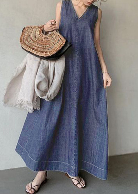 FJØRNA bohemian navy V-neck cold shoulder cotton denim sleeveless dress, perfect for casual or wedding occasions.