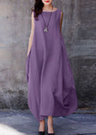 FJØRNA bohemian purple sleeveless cotton dress with O-neck, extra large hem, casual style, suitable for weddings and casual wear.