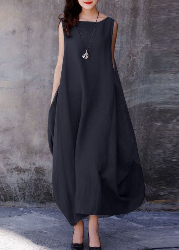 FJØRNA bohemian purple sleeveless cotton dress with O-neck and extra large hem, perfect for casual or wedding occasions.