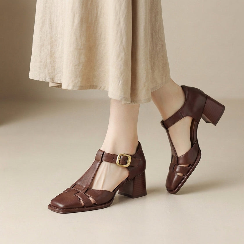 Brown FJØRNA orthopedic chunky heel square toe T-strap sandals for women, featuring a stylish design and comfortable fit.