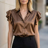 Brown satin ruffle summer blouse for women by FJØRNA, stylish women's top with elegant ruffle detailing.