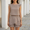 FJØRNA sleeveless ruffle top and tiered shorts set with geometric print in brown, casual summer 2-piece outfit.