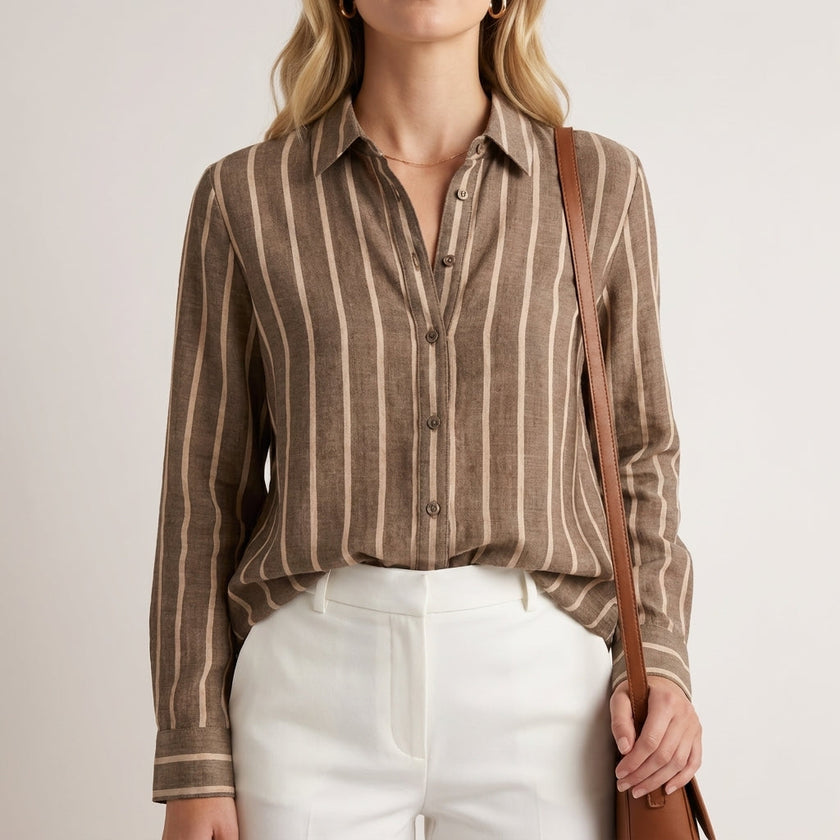 FJØRNA women's summer blouse in brown with white stripes, long sleeves, and button front, casual stylish top for warm weather.
