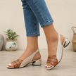 FJØRNA textured brown slingback block heel sandals with open toe and gold accent, stylish and comfortable footwear.