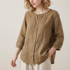 Brown linen summer top for women with button front, casual style, by FJØRNA, featuring sleeveless design and relaxed fit.