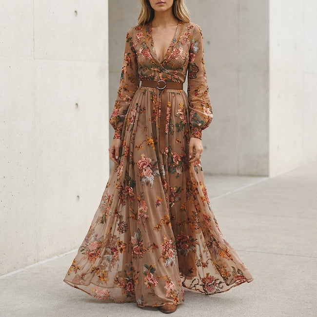 Brown embroidered belted A-line maxi dress with collar for women, stylish and flowing from FJØRNA.