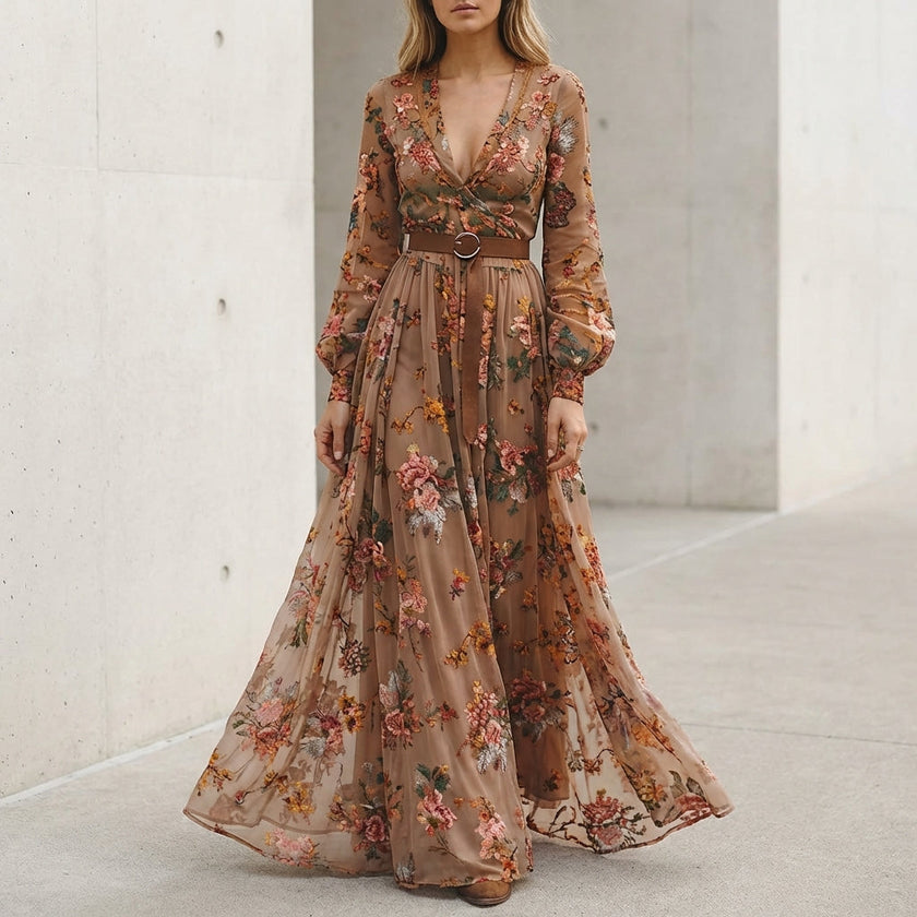 Brown embroidered belted A-line maxi dress with collar for women, stylish and flowing from FJØRNA.