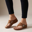 Brown orthopedic floral embroidered wedge sandals for women by FJØRNA with cushioned footbed and stylish floral embroidery.