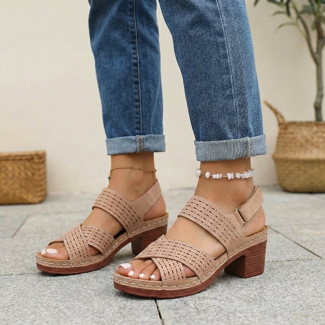 FJØRNA women's brown orthopedic criss-cross slingback platform sandals with block heels and open toe design.