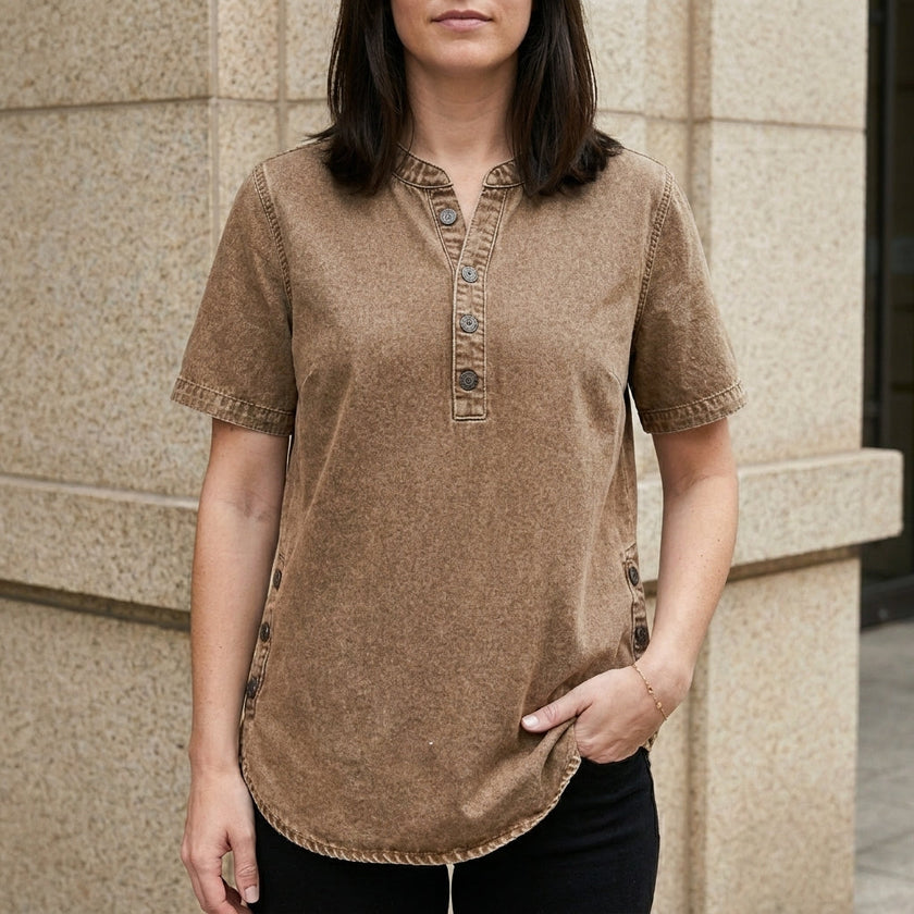 Brown denim women's summer top by FJØRNA with button-front design, casual and stylish for warm weather.