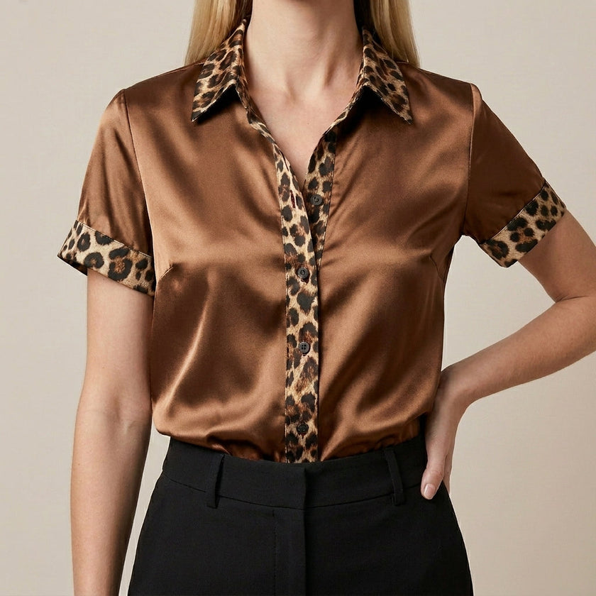 FJØRNA women's summer leopard print blouse with short sleeves, brown lightweight top for warm weather.