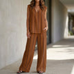 FJØRNA minimalist striped sleeveless top and wide-leg pant set in brown, featuring a stylish, relaxed fit two-piece ensemble.