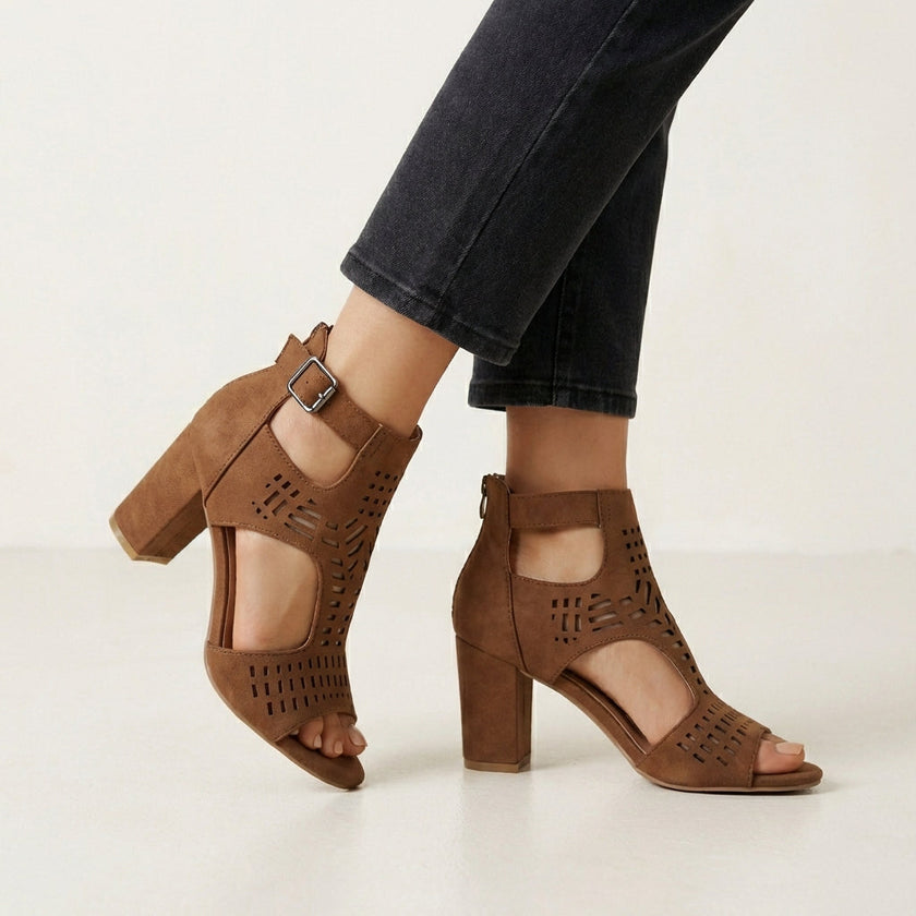 Brown FJØRNA women's orthopedic heeled sandals with adjustable strap and buckle, featuring supportive sole and stylish design.