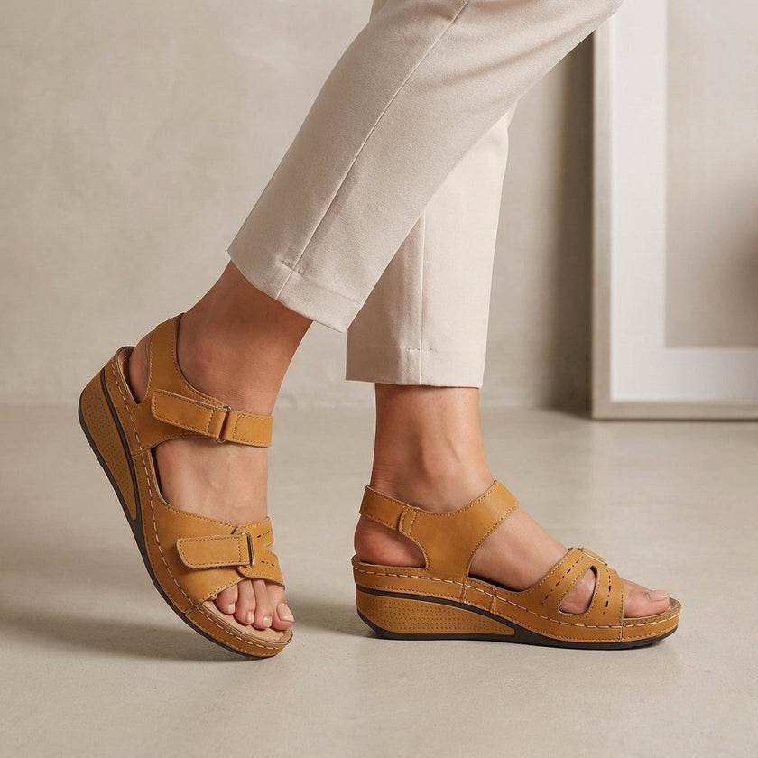 Brown orthopedic open toe wedge heel sandals by FJØRNA with comfort fit, featuring supportive design and stylish appearance.