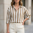 FJØRNA women's summer blouse with brown and white stripes, long sleeve top, lightweight and casual for warm weather.