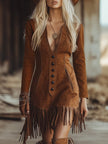 Brown faux suede tassel mini dress by FJØRNA, casual dress featuring a relaxed fit with tassel details and a mini length.