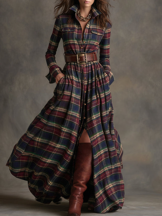Brown FJØRNA maxi dress, casual style, flowing fabric with long sleeves and a relaxed fit, perfect for everyday wear.