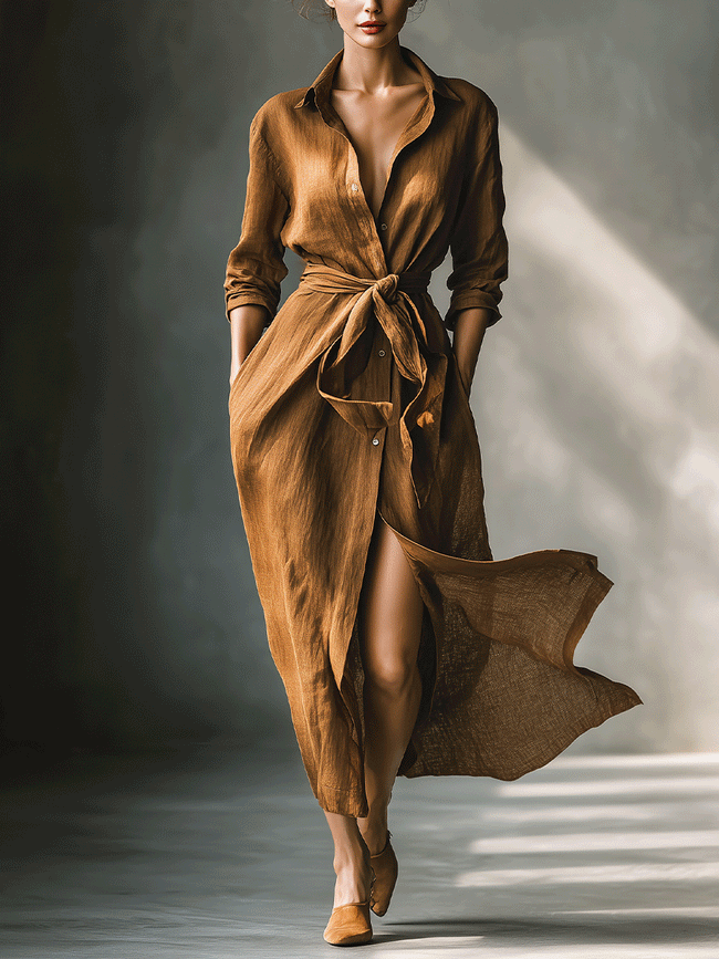FJØRNA brown maxi dress for women, flowing fabric, sleeveless design, and fitted waist, perfect for elegant daytime wear.