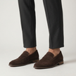 Men's elegant brown suede slip-on loafers by FJØRNA, displayed in a standing pose.