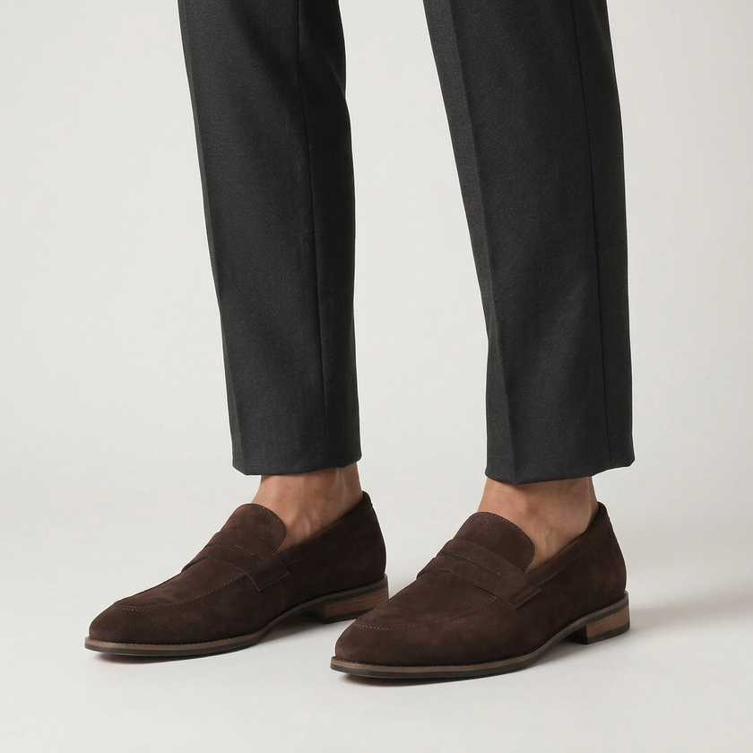 Men's elegant brown suede slip-on loafers by FJØRNA, displayed in a standing pose.