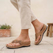 FJØRNA orthopedic floral applique wedge thong sandals for women in brown with floral detailing and comfortable wedge heel