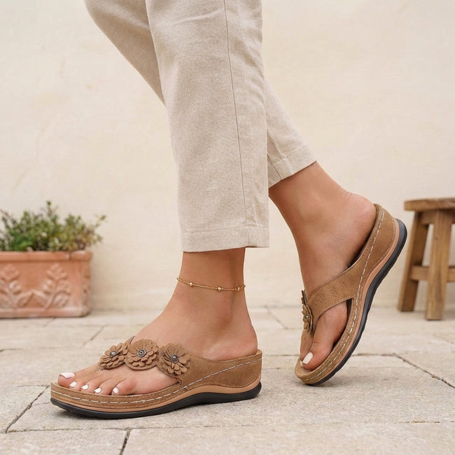FJØRNA orthopedic floral applique wedge thong sandals for women in brown with floral detailing and comfortable wedge heel