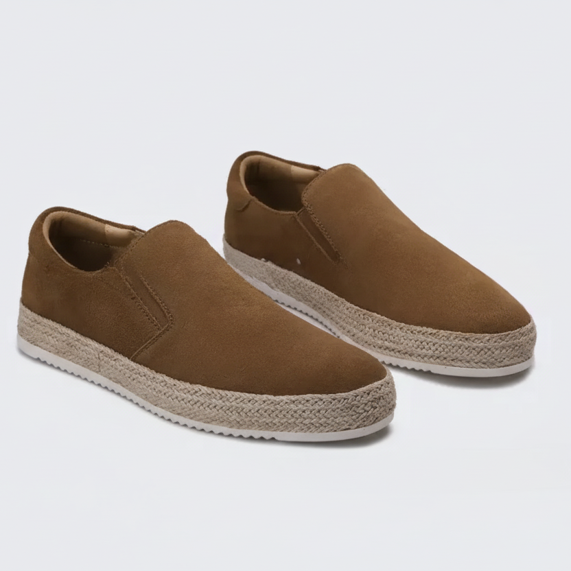 Brown men's suede loafer moccasins by FJØRNA, stylish slippers for elegant occasions with a classic slip-on design.