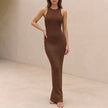 Brown ribbed bodycon high neck sleeveless maxi dress for women by FJØRNA, featuring a fitted style and elegant high neckline.
