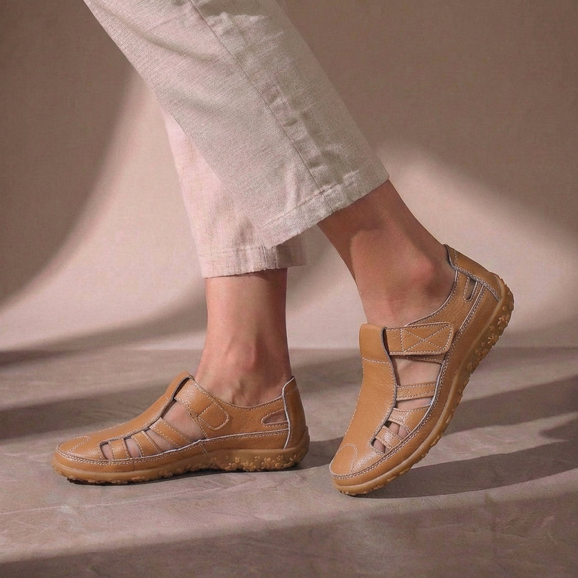 FJØRNA orthopedic closed-toe sandals with cutout details and comfort fit in brown leather.