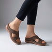 FJØRNA orthopedic open toe wedge sandals with T-strap and rhinestones, featuring a brown leather finish and comfortable design.