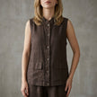 FJØRNA women's sleeveless denim summer blouse with button front in brown, casual top for warm weather.