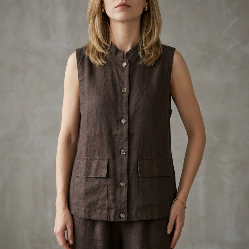 FJØRNA women's sleeveless denim summer blouse with button front in brown, casual top for warm weather.