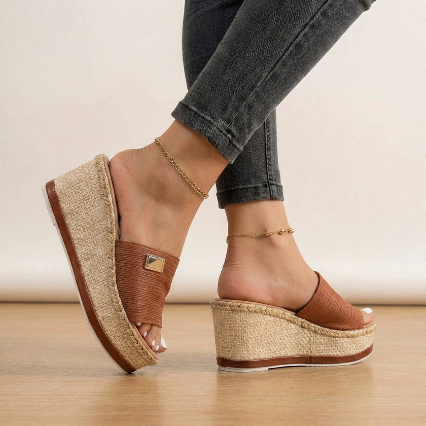 Brown FJØRNA women's orthopedic espadrilles with wedge heel and adjustable strap, featuring a comfortable, supportive shoe design.