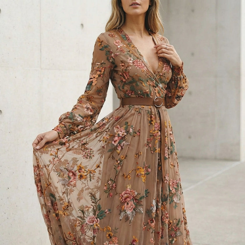 Close-up of FJØRNA embroidered brown belted A-line collared maxi dress for women, showcasing detailed embroidery and fabric texture.